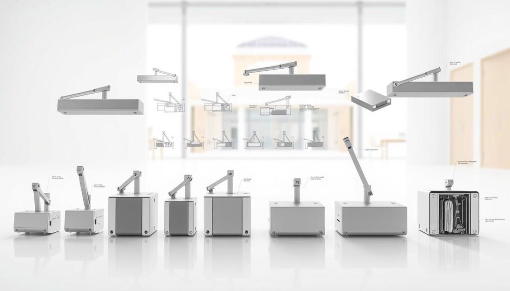 A detailed technical illustration showcasing various types of door closers in a clean, well-lit environment. Prominently featured in the foreground are several different models of door closers, each with their distinct design and mechanism, presented against a minimalist white background. The middle ground includes labeled diagrams and cross-sections highlighting the internal components and functionality of each door closer variant. The background subtly fades into a softly blurred architectural setting, hinting at the practical applications of these door hardware solutions. The overall mood is informative, precise, and visually appealing, suitable for technical documentation or educational purposes. A detailed technical illustration showcasing various types of door closers in a clean, well-lit environment. Prominently featured in the foreground are several different models of door closers, each with their distinct design and mechanism, presented against a minimalist white background. The middle ground includes labeled diagrams and cross-sections highlighting the internal components and functionality of each door closer variant. The background subtly fades into a softly blurred architectural setting, hinting at the practical applications of these door hardware solutions. The overall mood is informative, precise, and visually appealing, suitable for technical documentation or educational purposes.