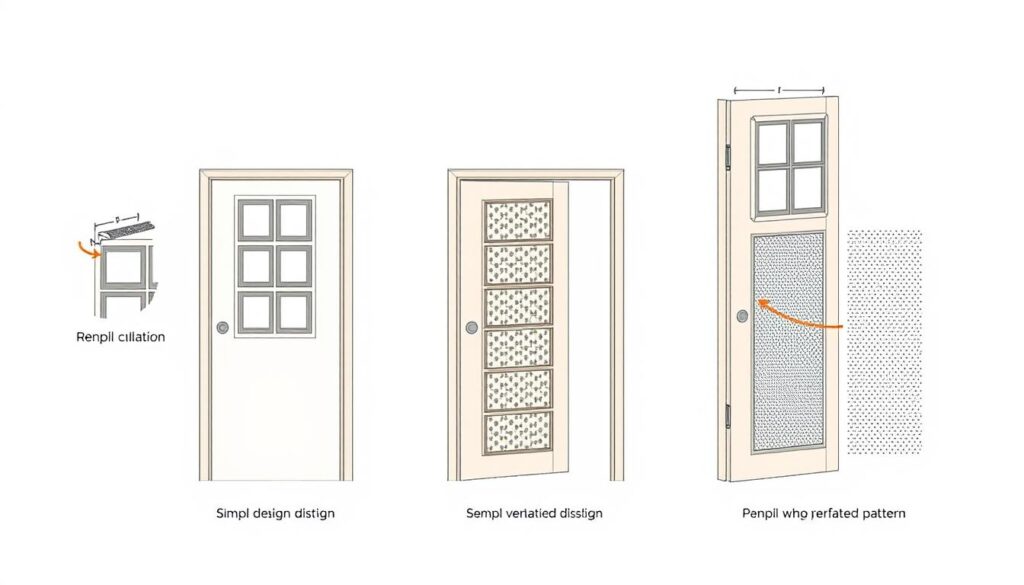 A detailed, technically accurate illustration of various ventilation installation options for doors, showcasing the intricate process with precision. Rendered in a clean, technical style with crisp lines, subtle shadows, and muted colors to emphasize the instructional nature. The image depicts the step-by-step construction of different vent designs, from simple cutouts to more complex perforated patterns, all highlighted against a neutral background to draw the viewer's attention to the key design elements. The camera angle is slightly elevated to provide a clear, informative view of the process, with careful attention to lighting and perspective to convey the necessary technical details.
