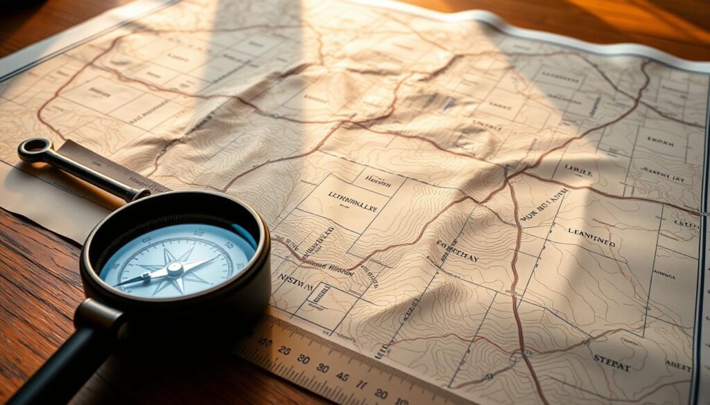 A detailed topographic map spread out on a wooden table, illuminated by warm, natural lighting. The map showcases various land parcels and property boundaries, inviting the viewer to explore and identify potential building sites. In the foreground, a compass, a magnifying glass, and a ruler provide the necessary tools for surveying and navigating the map. The scene conveys a sense of planning, research, and the excitement of discovering the perfect plot of land. A detailed topographic map spread out on a wooden table, illuminated by warm, natural lighting. The map showcases various land parcels and property boundaries, inviting the viewer to explore and identify potential building sites. In the foreground, a compass, a magnifying glass, and a ruler provide the necessary tools for surveying and navigating the map. The scene conveys a sense of planning, research, and the excitement of discovering the perfect plot of land.