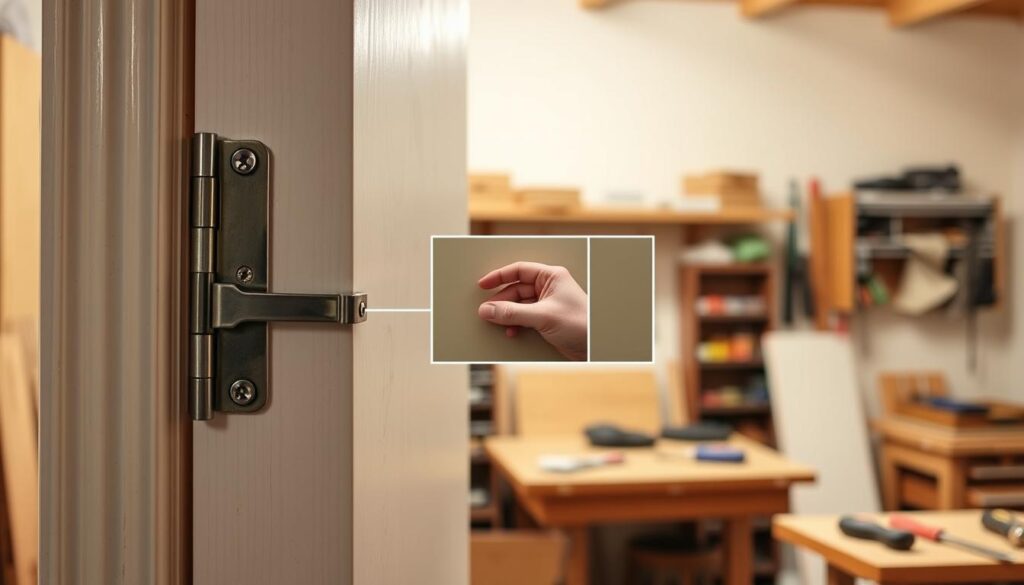 A detailed tutorial on adjusting door hinges and frames, shot in a well-lit home workshop. The foreground features a door with its hinges exposed, the tools required for adjustment laid out neatly. The middle ground showcases the step-by-step process, with a hand demonstrating the techniques. The background depicts a tidy, organized workspace, providing context and setting the scene. The lighting is warm and natural, conveying a sense of instructional clarity. The overall mood is one of practical, DIY problem-solving, guiding the viewer through the technical aspects of optimizing door functionality.