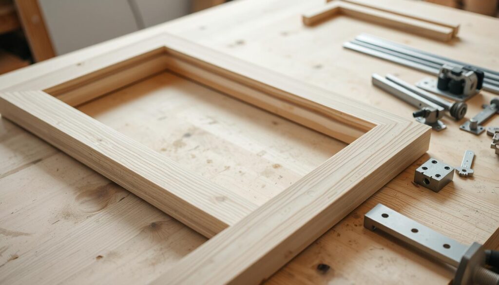 A detailed, well-lit close-up photograph of a wooden door frame, showing the various components laid out neatly on a workbench. The frame is sanded, cleaned, and ready for final assembly. Nearby, the door tracks and hardware components are arranged in an organized manner, indicating a state of readiness for the installation process. The scene conveys a sense of methodical preparation, with a focus on the intricate details and attention to precision required for a successful door installation. The lighting is soft and even, highlighting the natural wood grain and lending a sense of warmth to the composition. A detailed, well-lit close-up photograph of a wooden door frame, showing the various components laid out neatly on a workbench. The frame is sanded, cleaned, and ready for final assembly. Nearby, the door tracks and hardware components are arranged in an organized manner, indicating a state of readiness for the installation process. The scene conveys a sense of methodical preparation, with a focus on the intricate details and attention to precision required for a successful door installation. The lighting is soft and even, highlighting the natural wood grain and lending a sense of warmth to the composition.