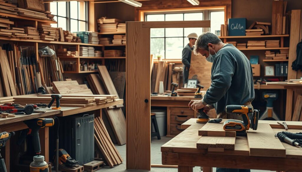 A detailed workshop scene with a carpenter crafting a wooden door. In the foreground, a skilled artisan diligently works with a variety of hand tools, sanding and shaping the door frame. The middle ground features an array of power tools, wood planks, and various woodworking materials. The background showcases a well-organized workshop, with shelves of neatly organized supplies and a large window allowing natural light to flood the space. The lighting is warm and focused, casting subtle shadows that accentuate the intricate textures of the wood. The overall atmosphere conveys a sense of precision, craftsmanship, and the satisfaction of creating something by hand.