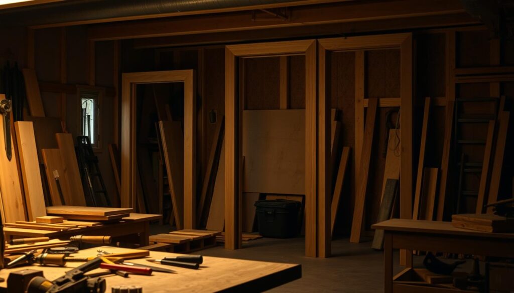 A dimly lit carpentry workshop, the focus centered on a set of angled door frames. The foreground showcases the precise cuts and joinery required to construct the slanted doorway, with intricate tools and woodworking materials scattered around. The middle ground reveals the layout and measurements needed to achieve the desired angle, while the background suggests the challenge of integrating this custom design into an existing space. Soft, warm lighting casts subtle shadows, emphasizing the craftsmanship and attention to detail required to create a functional and visually appealing slanted door solution.
