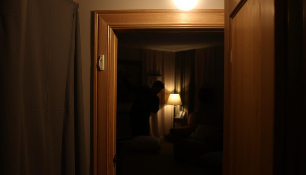 A dimly lit home interior, with a wooden door frame in the foreground. Various makeshift soundproofing materials are visible, expertly combined - thick curtains, acoustic foam panels, and strategically placed cushions. The middle ground shows a person carefully measuring and cutting these materials, their focus evident. In the background, a subtle shimmer of light from a lamp illuminates the scene, creating a warm, cozy atmosphere. The overall composition conveys a sense of resourcefulness and a DIY approach to achieving optimal sound insulation on a limited budget.