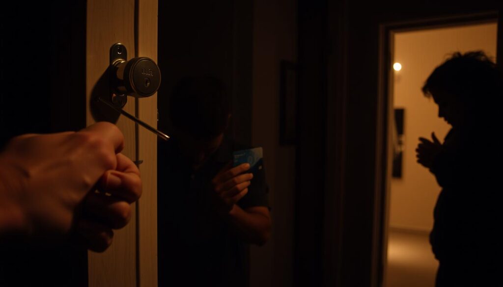 A dimly lit interior scene showcasing various techniques for opening doors without a handle. In the foreground, a person's hand carefully inserts a thin metal tool into the door's latch mechanism, applying gentle pressure to release the lock. In the middle ground, another person uses a credit card to slide between the door and frame, gently pushing the latch open. In the background, a third person examines the hinges, considering leveraging them to gain access. The scene is illuminated by a warm, diffused light, creating an atmosphere of problem-solving and practical ingenuity. A dimly lit interior scene showcasing various techniques for opening doors without a handle. In the foreground, a person's hand carefully inserts a thin metal tool into the door's latch mechanism, applying gentle pressure to release the lock. In the middle ground, another person uses a credit card to slide between the door and frame, gently pushing the latch open. In the background, a third person examines the hinges, considering leveraging them to gain access. The scene is illuminated by a warm, diffused light, creating an atmosphere of problem-solving and practical ingenuity.