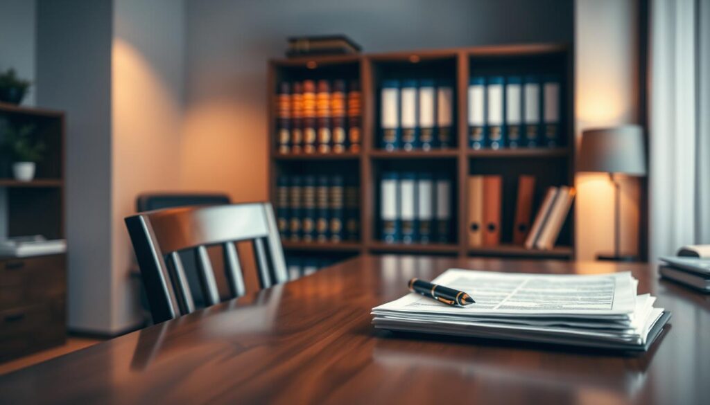 A dimly lit office interior, with a wooden desk and chair positioned in the foreground. On the desk, a stack of documents and a pen await. In the middle ground, a bookshelf filled with legal tomes and binders. The background is blurred, suggesting an air of professionalism and authority. Soft, warm lighting casts a subtle glow, creating an atmosphere of seriousness and focus. The scene conveys the process of reviewing and signing off on the "warunki przyłączenia" - the technical conditions for connecting a property to the electrical grid, a crucial step in the procedure of securing power for a new development.