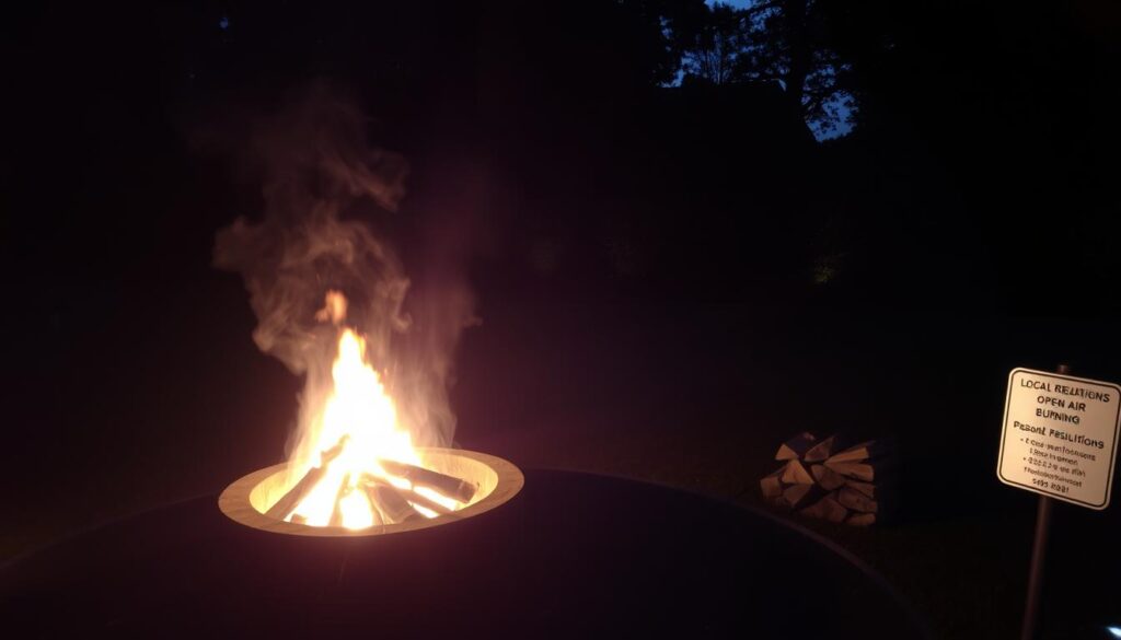 A dimly lit private garden at dusk, with a crackling fire pit at the center. Wisps of smoke drift lazily upwards, casting flickering shadows across the manicured lawn and surrounding trees. Nearby, a stack of chopped firewood sits neatly arranged, while a small metal sign discreetly indicates local regulations for open-air burning. The scene conveys a sense of tranquility, tempered by the understanding of applicable restrictions on such activities within the confines of a personal property. A dimly lit private garden at dusk, with a crackling fire pit at the center. Wisps of smoke drift lazily upwards, casting flickering shadows across the manicured lawn and surrounding trees. Nearby, a stack of chopped firewood sits neatly arranged, while a small metal sign discreetly indicates local regulations for open-air burning. The scene conveys a sense of tranquility, tempered by the understanding of applicable restrictions on such activities within the confines of a personal property.