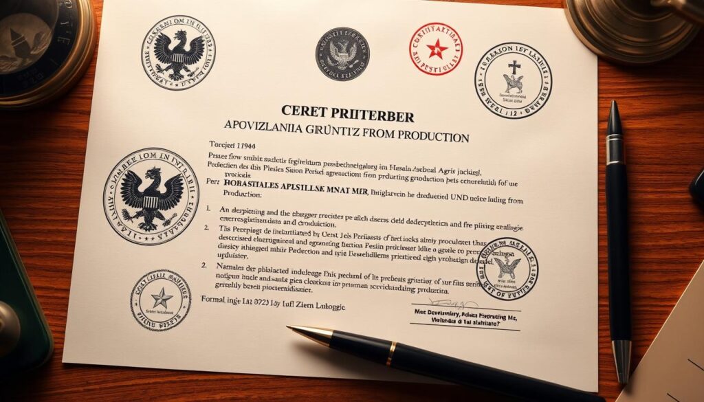 A formal, government-issued document detailing the process of removing agricultural land from production, surrounded by an official government seal and stamps. The document is placed on a wooden desk, with a pen and other administrative items nearby, conveying the serious, bureaucratic nature of the process. The lighting is soft and warm, creating a sense of professionalism and authority. The overall composition emphasizes the importance and formality of the "formalności wyłączenia gruntów z produkcji rolnej" procedure. A formal, government-issued document detailing the process of removing agricultural land from production, surrounded by an official government seal and stamps. The document is placed on a wooden desk, with a pen and other administrative items nearby, conveying the serious, bureaucratic nature of the process. The lighting is soft and warm, creating a sense of professionalism and authority. The overall composition emphasizes the importance and formality of the "formalności wyłączenia gruntów z produkcji rolnej" procedure.