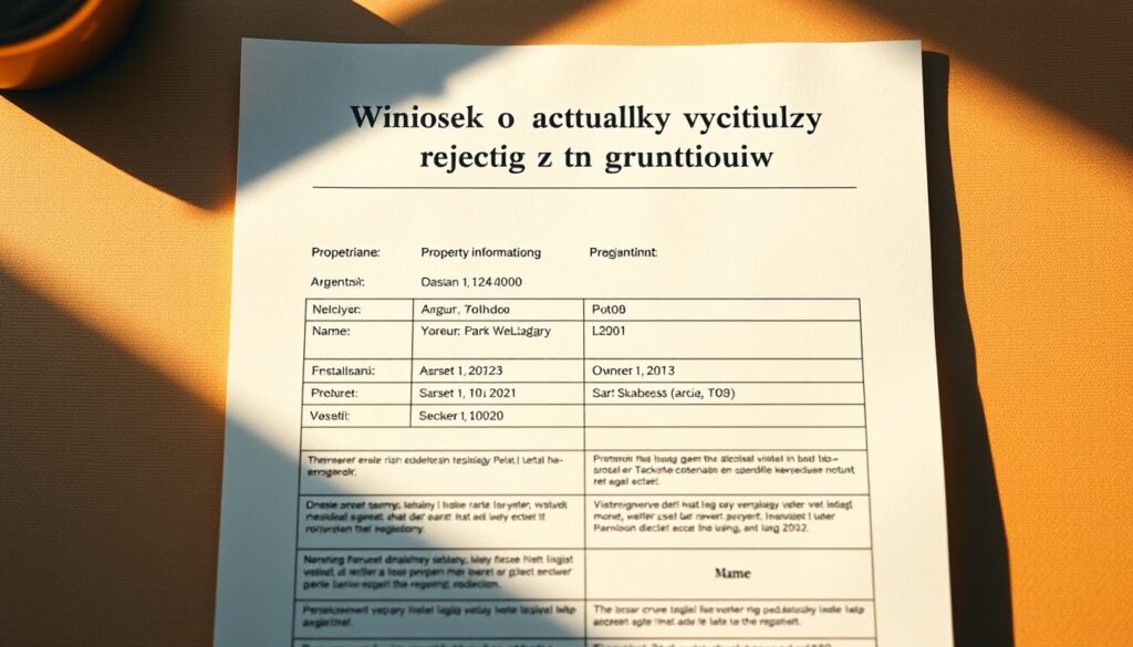 A formal, official-looking document with a clean, professional design. The document's header features the title "Wniosek o aktualny wyciąg z rejestru gruntów" in a bold, serif font. The body of the document includes detailed property information, such as the address, parcel number, and owner's name, all neatly organized in a grid-like layout. The background has a subtle texture, like high-quality paper, and the overall atmosphere conveys a sense of authority and legitimacy. Warm, directional lighting from the top left casts gentle shadows, adding depth and dimensionality to the scene. The composition is balanced, with the document occupying the center of the frame, surrounded by ample negative space.