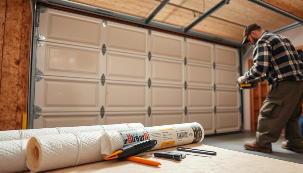 A garage door undergoing thermal insulation preparation. In the foreground, the worker diligently sands the door's surface, preparing it for the insulation application. The middle ground showcases the necessary tools and materials - rolls of insulation, adhesive, and a utility knife. The background depicts the garage interior, with subtle lighting filtering through the open door, creating a warm, inviting atmosphere. The scene conveys a sense of methodical attention to detail, as the worker meticulously prepares the surface for optimal insulation performance.