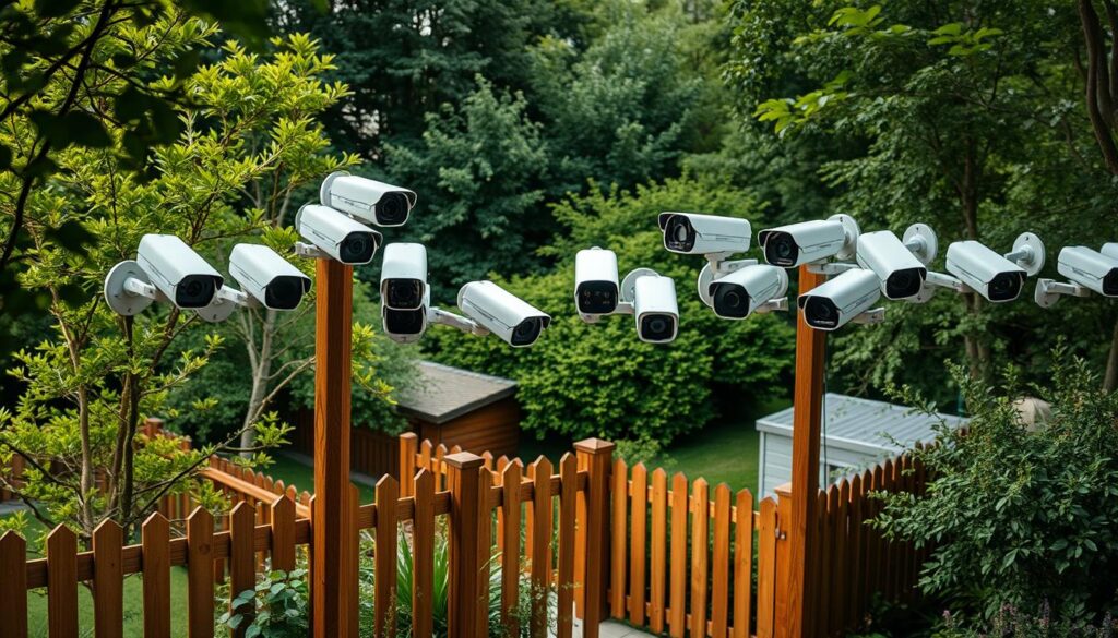A high-angle shot of a well-lit outdoor garden scene, showcasing an array of modern, sleek security cameras mounted on wooden poles and fences, arranged in a visually appealing grid-like pattern. The cameras feature various lens sizes, resolutions, and night vision capabilities, hinting at their versatility for residential and small-scale commercial monitoring needs. The background should depict a lush, verdant landscape with trees, shrubs, and a hint of a wooden shed or fence, creating a sense of a cozy, secluded property. The overall mood should convey a balance of functionality and aesthetic integration within a natural setting.