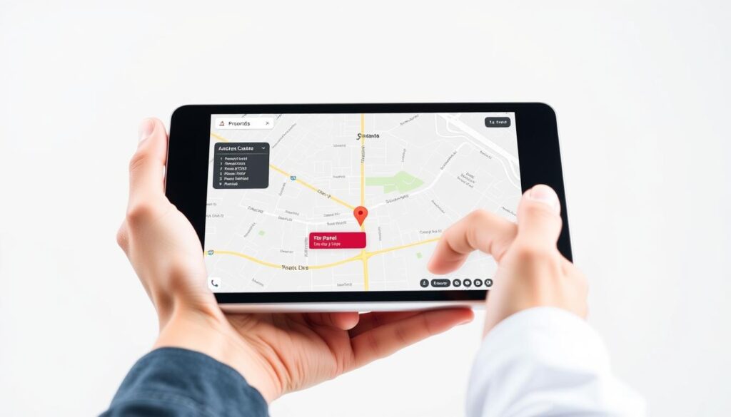 A high-resolution, photorealistic image of a land parcel locator, displayed on a sleek, modern digital device. The locator screen shows a detailed map with clear property boundaries, street names, and a highlighted parcel. The device is held in the hands of a person, showcasing the ease of use and accessibility of this online tool. The image is captured in a clean, well-lit studio setting, with a neutral background that emphasizes the functionality and user-friendly design of the digital locator.