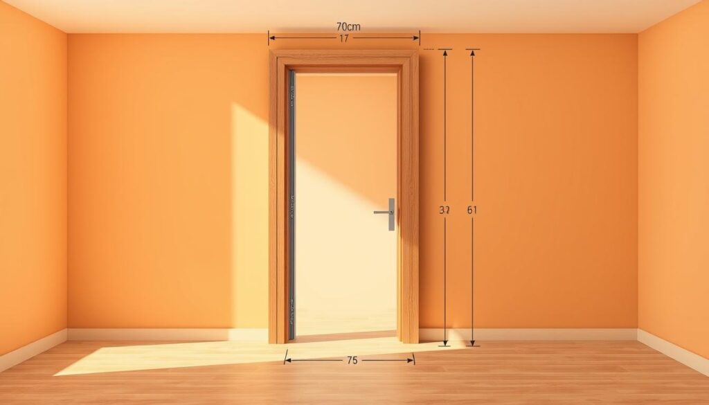 A highly detailed, technical illustration of a 70 cm adjustable door frame (ościeżnica regulowana) in a warm, natural lighting environment. The frame is positioned in the center, showcasing its intricate construction and adjustable components. The background features a clean, uncluttered setting, allowing the focus to remain on the door frame. Particular attention is paid to capturing the precise dimensions, materials, and mechanisms that enable the frame's adjustability, to provide a clear visual reference for the article's subject matter.