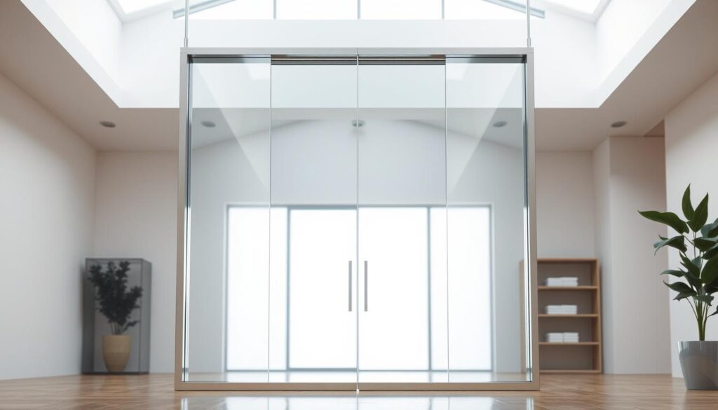 A large, transparent acrylic panel in the center of the frame, positioned in the foreground to showcase its clear, shatterproof properties. The panel is set within a sleek, minimalist metal or wood frame, creating a modern, high-quality aesthetic. The background features a well-lit, airy interior, with soft, diffused lighting highlighting the plexi's crisp, distortion-free transparency. The overall scene conveys a sense of safety, durability, and design-forward appeal as a viable alternative to traditional glass panels in doors and other architectural applications. A large, transparent acrylic panel in the center of the frame, positioned in the foreground to showcase its clear, shatterproof properties. The panel is set within a sleek, minimalist metal or wood frame, creating a modern, high-quality aesthetic. The background features a well-lit, airy interior, with soft, diffused lighting highlighting the plexi's crisp, distortion-free transparency. The overall scene conveys a sense of safety, durability, and design-forward appeal as a viable alternative to traditional glass panels in doors and other architectural applications.