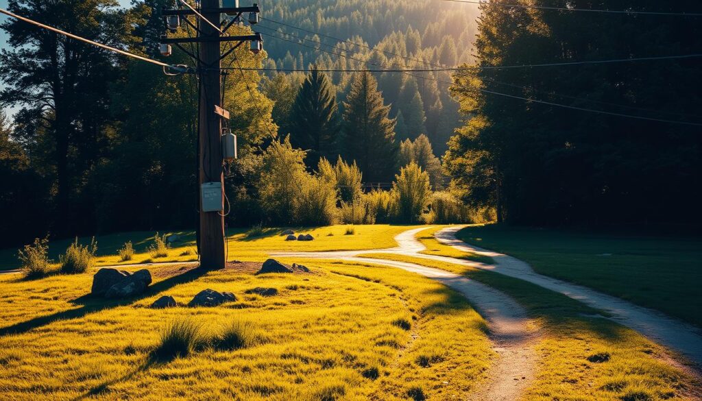 A large, wooden utility pole stands prominently on a grassy, rural property. The pole is adorned with multiple power lines and transformers, casting long shadows across the scene. In the foreground, lush green grass and a few scattered rocks create a natural, earthy atmosphere. The middle ground features a well-maintained dirt driveway leading up to the pole, while the background showcases a dense, verdant forest, hinting at the secluded, countryside setting. The image is bathed in warm, golden sunlight, creating a serene and picturesque landscape. Overall, the scene conveys the importance and presence of the power infrastructure on a private plot of land. A large, wooden utility pole stands prominently on a grassy, rural property. The pole is adorned with multiple power lines and transformers, casting long shadows across the scene. In the foreground, lush green grass and a few scattered rocks create a natural, earthy atmosphere. The middle ground features a well-maintained dirt driveway leading up to the pole, while the background showcases a dense, verdant forest, hinting at the secluded, countryside setting. The image is bathed in warm, golden sunlight, creating a serene and picturesque landscape. Overall, the scene conveys the importance and presence of the power infrastructure on a private plot of land.