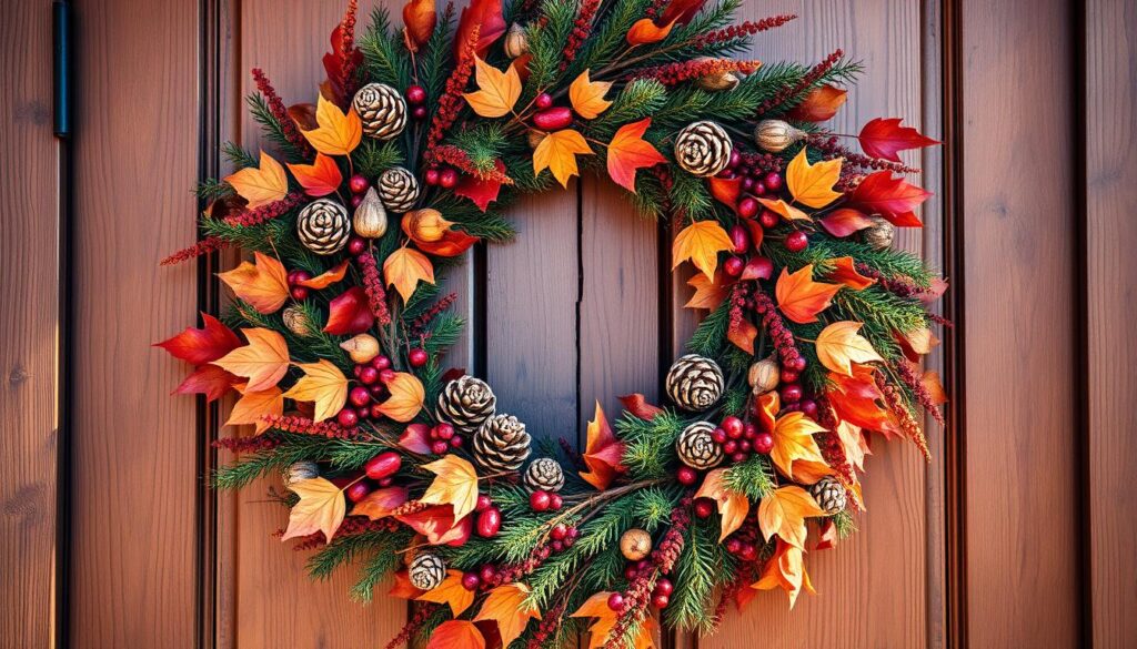 A lush, autumnal wreath adorns a wooden door, its rich hues of crimson, amber, and evergreen creating a warm, inviting tableau. Dried leaves, pinecones, and sprigs of berry cluster around the wreath's perimeter, lending a rustic, seasonal charm. Soft, natural lighting filters through the scene, casting a golden glow and gentle shadows that accentuate the wreath's intricate textures. The composition is balanced, with the wreath taking center stage, framed by the weathered wood of the door. An air of cozy, harvest-time elegance permeates the image, perfectly capturing the spirit of seasonal home decor. A lush, autumnal wreath adorns a wooden door, its rich hues of crimson, amber, and evergreen creating a warm, inviting tableau. Dried leaves, pinecones, and sprigs of berry cluster around the wreath's perimeter, lending a rustic, seasonal charm. Soft, natural lighting filters through the scene, casting a golden glow and gentle shadows that accentuate the wreath's intricate textures. The composition is balanced, with the wreath taking center stage, framed by the weathered wood of the door. An air of cozy, harvest-time elegance permeates the image, perfectly capturing the spirit of seasonal home decor.