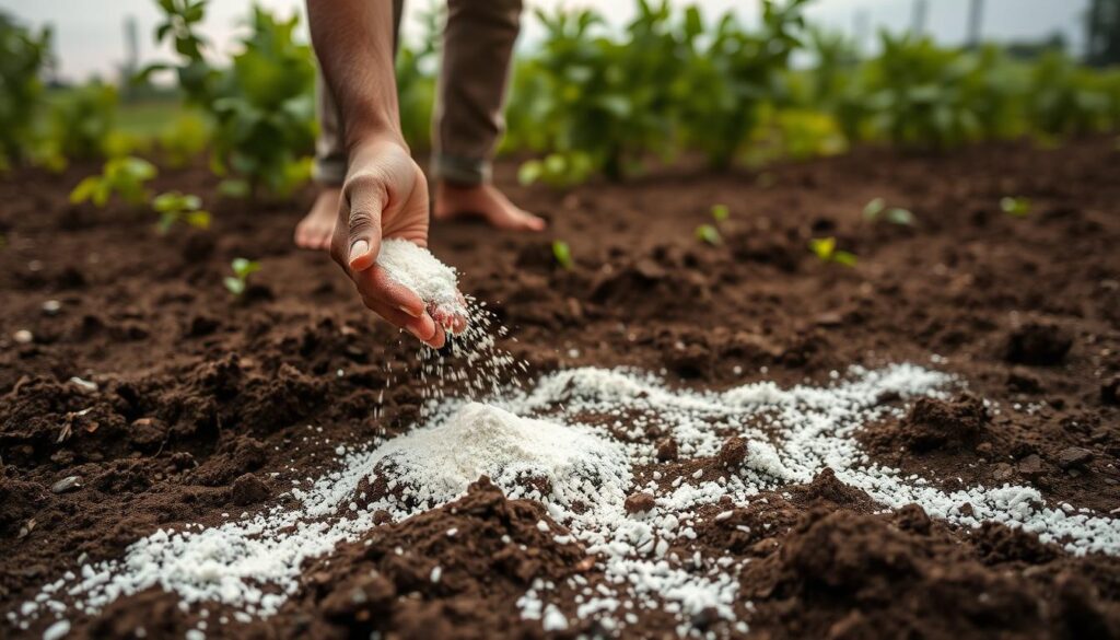 A lush garden landscape with a farmer diligently spreading fine limestone powder over the rich, dark soil. The ground is moist and slightly overcast, creating a soft, diffused lighting that accentuates the texture of the earth. In the foreground, the farmer's hands carefully distribute the white granules, creating a subtle pattern across the soil. The background features verdant foliage, hinting at the vibrant plant life that will thrive after the soil is properly pH-balanced. The scene conveys the importance of this essential agricultural practice, with a sense of tranquility and care for the land. A lush garden landscape with a farmer diligently spreading fine limestone powder over the rich, dark soil. The ground is moist and slightly overcast, creating a soft, diffused lighting that accentuates the texture of the earth. In the foreground, the farmer's hands carefully distribute the white granules, creating a subtle pattern across the soil. The background features verdant foliage, hinting at the vibrant plant life that will thrive after the soil is properly pH-balanced. The scene conveys the importance of this essential agricultural practice, with a sense of tranquility and care for the land.