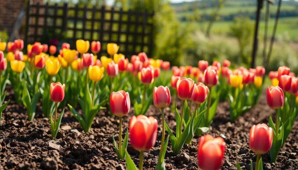 A lush, sun-dappled garden bed filled with vibrant tulips in full bloom, their petals gently swaying in a light breeze. The foreground showcases the rich, well-tilled soil, amended with organic matter, creating the ideal conditions for these colorful flowers to thrive. In the middle ground, the tulips stand tall, their stems straight and sturdy, their leaves a deep, healthy green. The background features a softly blurred landscape, with a picturesque wooden fence or trellis providing a natural backdrop. The lighting is warm and diffused, creating a serene, inviting atmosphere that captures the essence of the perfect tulip-growing environment. A lush, sun-dappled garden bed filled with vibrant tulips in full bloom, their petals gently swaying in a light breeze. The foreground showcases the rich, well-tilled soil, amended with organic matter, creating the ideal conditions for these colorful flowers to thrive. In the middle ground, the tulips stand tall, their stems straight and sturdy, their leaves a deep, healthy green. The background features a softly blurred landscape, with a picturesque wooden fence or trellis providing a natural backdrop. The lighting is warm and diffused, creating a serene, inviting atmosphere that captures the essence of the perfect tulip-growing environment.