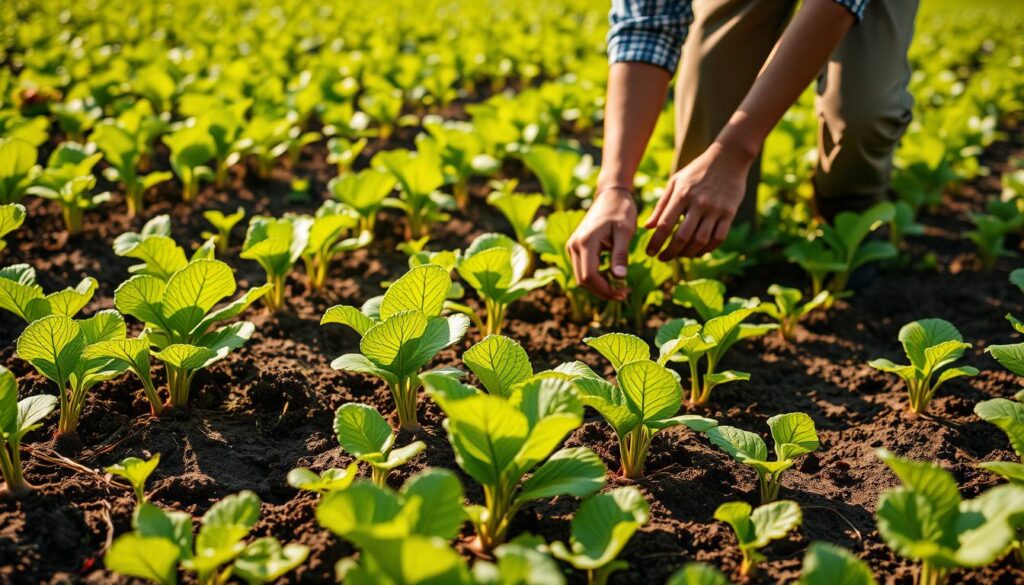 A lush, verdant field of freshly sprouted sugar beets, their vibrant green leaves rustling gently in the soft breeze. The midday sun casts a warm, golden glow across the scene, accentuating the intricate patterns of the plant's veins and the rich, dark soil in which they thrive. In the foreground, a farmer carefully tends to the crop, meticulously removing weeds and loosening the soil around the delicate seedlings, ensuring their optimal growth and development. The composition is balanced, with the farmer's focused attention and the verdant beet plants creating a harmonious interplay between human stewardship and the natural cycle of the land. The overall mood is one of diligence, abundance, and the promise of a bountiful harvest to come.