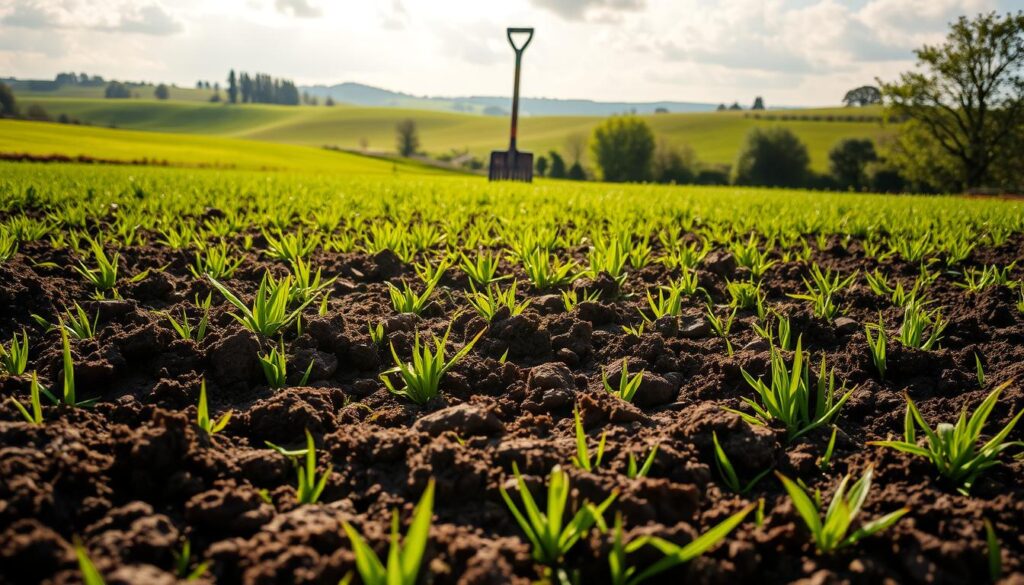 A lush, verdant field of freshly tilled soil, ready for the sowing of a vibrant lawn. In the foreground, clumps of dark, nutrient-rich earth are carefully broken apart, creating a smooth, even surface. Sunlight filters through wispy clouds, casting a warm, golden glow over the scene. In the middle ground, a gardener's rake and shovel stand upright, testament to the hard work and preparation required. The background is a tranquil, pastoral landscape, with rolling hills and the distant silhouette of trees swaying gently in the breeze. This image conveys the essential first step in the journey towards a thriving, healthy lawn – the meticulous preparation of the soil, setting the stage for a lush, verdant carpet of grass to take root and flourish.