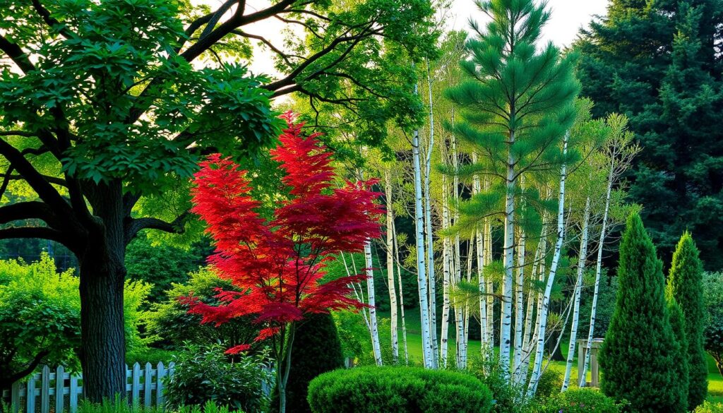A lush, verdant garden filled with a variety of carefully curated trees, each chosen for its unique attributes. In the foreground, a stately oak tree casts a gentle, dappled shade, its broad canopy providing a natural respite from the sun. Behind it, a graceful Japanese maple with its delicate, fiery red leaves adds a vibrant pop of color. In the middle ground, a row of towering birch trees, their white bark gleaming in the soft, ambient light, creating a sense of serene elegance. In the background, a cluster of evergreen pines stands tall, their dense foliage offering year-round privacy and protection. The scene is bathed in a warm, golden glow, creating a tranquil and inviting atmosphere, perfect for a family garden retreat.