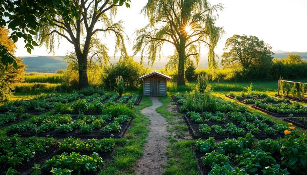 A lush, verdant garden with neatly arranged plots, each one a miniature oasis of tranquility. The foreground features a central path winding through the layout, flanked by rows of well-tended vegetable patches and flowering plants. In the middle ground, a quaint wooden shed stands, its simple architecture complementing the serene atmosphere. The background reveals a picturesque landscape, with rolling hills and a clear sky above, bathed in warm, golden light that filters through the leaves of tall, mature trees. The overall scene exudes a sense of community, tradition, and a deep connection to the land, capturing the essence of "działki rodzinne" - family allotment gardens.
