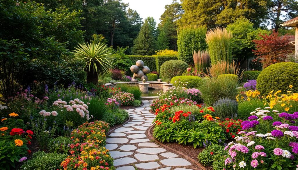A lush, well-designed garden oasis with a harmonious blend of lush foliage, vibrant blooms, and thoughtful hardscaping. In the foreground, a meandering stone pathway leads the eye through a variety of perennial flowers and shrubs, their colors and textures creating a visually appealing tapestry. The middle ground features a focal point, such as a serene water feature or a whimsical garden sculpture, framed by strategically placed trees and ornamental grasses. The background showcases a backdrop of mature trees, providing a sense of depth and enclosure, while allowing glimpses of the sky above. Warm, diffused lighting casts a gentle, inviting glow over the entire scene, creating a tranquil and inviting atmosphere.