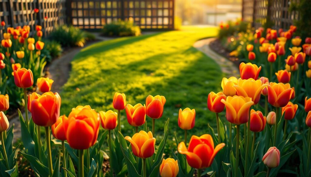 A lush, well-maintained tulip garden bathed in warm, golden afternoon light. In the foreground, vibrant tulips in shades of red, yellow, and pink stand tall, their petals gently unfurling. The middle ground features a neat, trimmed lawn and a path winding through the garden, inviting the viewer to explore. In the background, a wooden fence or trellis provides a natural backdrop, framing the scene. The overall composition conveys a sense of tranquility and attention to detail, highlighting the care and nurturing required to cultivate these beautiful spring flowers. A lush, well-maintained tulip garden bathed in warm, golden afternoon light. In the foreground, vibrant tulips in shades of red, yellow, and pink stand tall, their petals gently unfurling. The middle ground features a neat, trimmed lawn and a path winding through the garden, inviting the viewer to explore. In the background, a wooden fence or trellis provides a natural backdrop, framing the scene. The overall composition conveys a sense of tranquility and attention to detail, highlighting the care and nurturing required to cultivate these beautiful spring flowers.