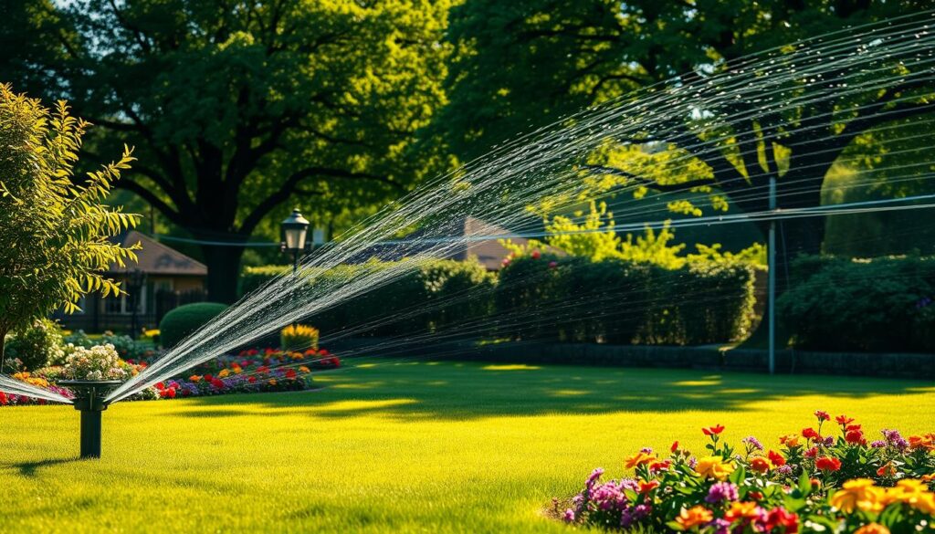 A lush, well-tended garden oasis with a state-of-the-art irrigation system. In the foreground, a sprinkler system gently waters the vibrant, manicured lawn and colorful flower beds. In the middle ground, a network of flexible hoses and nozzles strategically positioned to ensure even coverage. The background showcases a mature, verdant canopy of trees and shrubs, creating a tranquil, natural ambiance. Warm, directional sunlight casts soft shadows, illuminating the scene with a gentle, golden glow. The overall composition conveys a sense of order, efficiency, and harmony, reflecting the dedicated care and attention required to maintain a thriving, healthy garden.