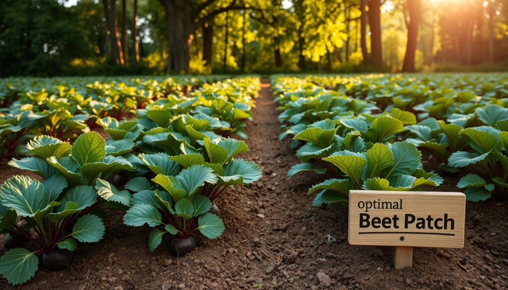 A lush, well-tended vegetable garden with rows of vibrant, healthy-looking sugar beets. The beets are evenly spaced, their dark green leaves gently swaying in a soft breeze. The soil is rich and loamy, with a slight reddish hue, indicating ideal pH levels. Dappled sunlight filters through the canopy of tall trees in the background, casting a warm, golden glow over the scene. In the foreground, a small wooden sign labels this as the "Optimal Beet Patch", signifying the perfect growing conditions for these hardy root vegetables. The overall atmosphere is one of abundance, vitality, and a deep connection to the land.