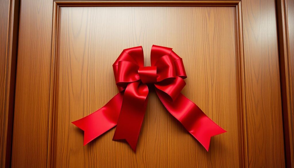 A magnificent handcrafted ribbon adorning a wooden door, its vibrant red hue and flowing silhouette capturing the essence of traditional holiday decor. The ribbon's bow sits elegantly centered, its loops and tails cascading gracefully against the warm, textured wood grain. Soft, diffused lighting from above casts a gentle glow, accentuating the ribbon's lustrous sheen and creating a cozy, inviting atmosphere. The entire scene is framed in a classic, timeless composition, showcasing the decorative bow in all its festive glory. A magnificent handcrafted ribbon adorning a wooden door, its vibrant red hue and flowing silhouette capturing the essence of traditional holiday decor. The ribbon's bow sits elegantly centered, its loops and tails cascading gracefully against the warm, textured wood grain. Soft, diffused lighting from above casts a gentle glow, accentuating the ribbon's lustrous sheen and creating a cozy, inviting atmosphere. The entire scene is framed in a classic, timeless composition, showcasing the decorative bow in all its festive glory.
