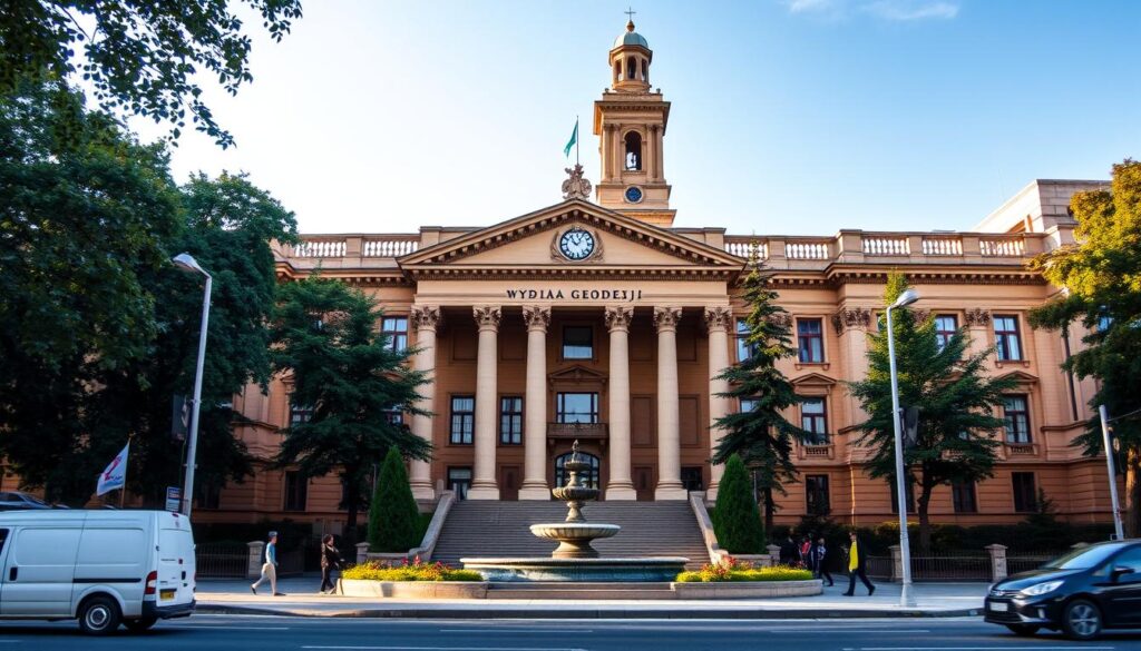 A majestic government building with a grand neoclassical facade, adorned with ornate columns and a prominent clock tower. The exterior is constructed of warm-toned stone, casting a soft glow in the afternoon sunlight. Lush greenery and a decorative fountain frame the entrance, creating a serene and inviting atmosphere. The building is situated on a busy city street, with pedestrians and vehicles passing by, conveying a sense of activity and purpose. The image should capture the solemn grandeur and administrative significance of the Wydział Geodezji, the government office responsible for surveying and managing land parcels, as befits the subject of the article's section on checking property dimensions.