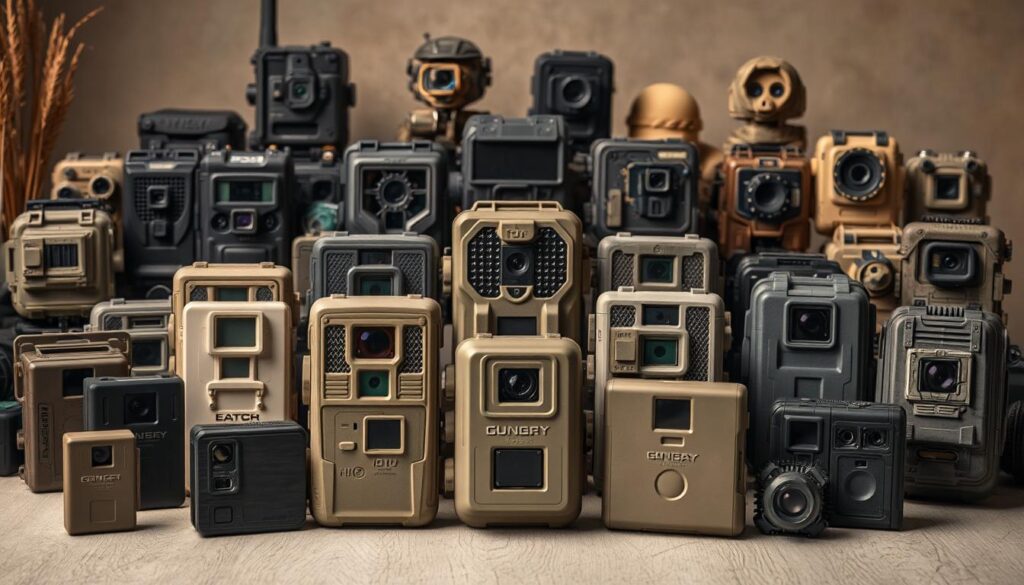 A meticulously composed still life showcasing an assortment of trail cameras arranged in a dynamic composition. The foreground features several compact, modern camera models with sleek, minimal designs in muted tones. The middle ground displays larger, more advanced models with an array of sensors and attachments, conveying their sophisticated capabilities. In the background, a selection of classic, rugged trail cams in earthy hues creates a sense of depth and history. Soft, warm lighting accentuates the textures and details of the photographic equipment, while a subtle, natural backdrop enhances the professional, yet approachable atmosphere. The overall scene conveys the breadth and evolution of trail camera technology, inviting the viewer to explore and evaluate the optimal options for their specific needs.