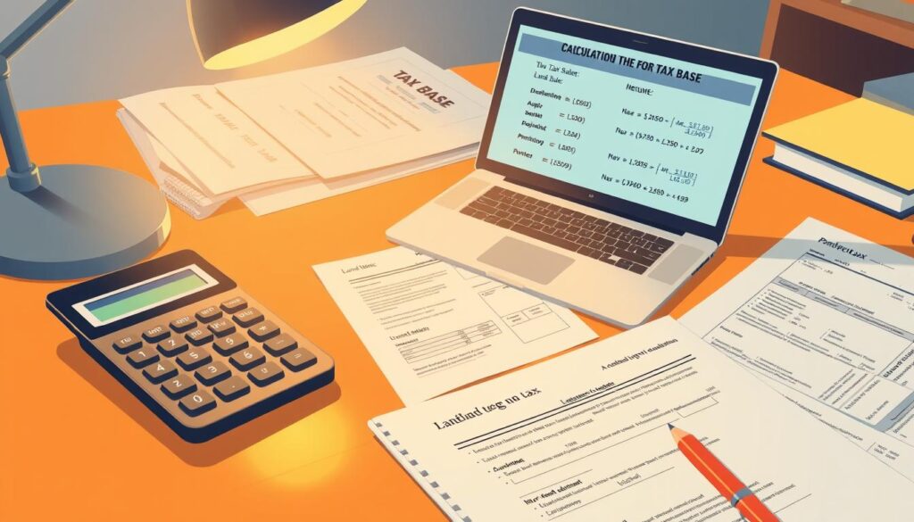 A meticulously detailed illustration of the process of calculating the tax base for a land sale transaction. The scene depicts a desk with a calculator, financial documents, and a laptop displaying relevant tax calculation formulas and information. The lighting is warm and focused, creating a professional and authoritative atmosphere. The composition features a clean and organized layout, with the key elements arranged to guide the viewer's eye through the process step-by-step. The overall mood is one of clarity, precision, and financial expertise, perfectly suited to illustrate the section on "How to calculate the tax base and amount of tax" within the article. A meticulously detailed illustration of the process of calculating the tax base for a land sale transaction. The scene depicts a desk with a calculator, financial documents, and a laptop displaying relevant tax calculation formulas and information. The lighting is warm and focused, creating a professional and authoritative atmosphere. The composition features a clean and organized layout, with the key elements arranged to guide the viewer's eye through the process step-by-step. The overall mood is one of clarity, precision, and financial expertise, perfectly suited to illustrate the section on "How to calculate the tax base and amount of tax" within the article.
