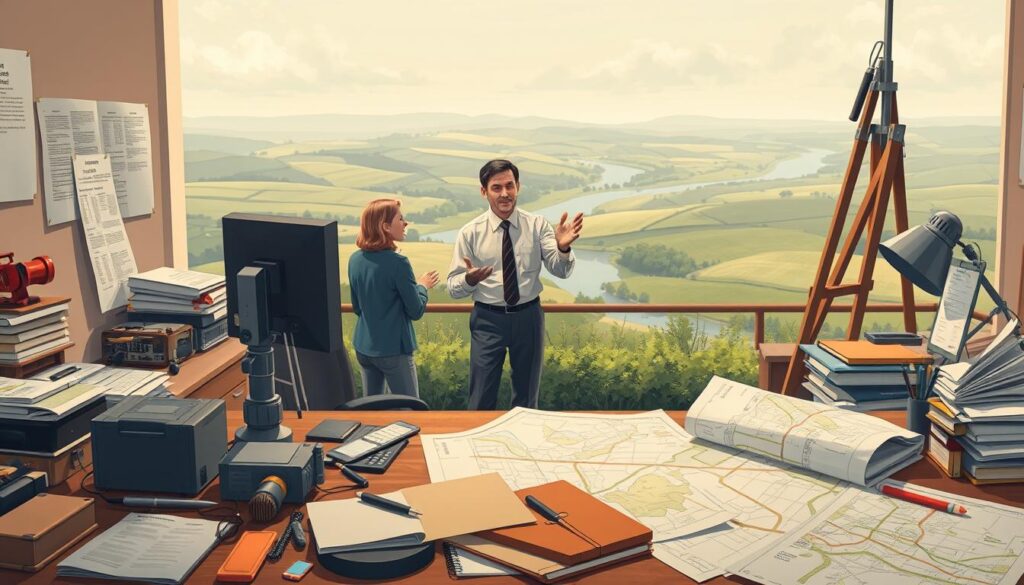 A meticulously detailed illustration showcasing the intricate "procedura zmiany granic" process. A surveyor's office in the foreground, with technical equipment and maps sprawled across a cluttered desk. In the middle ground, a land surveyor gestures animatedly, explaining the various legal and administrative steps to a group of attentive clients. The background depicts a serene countryside landscape, rolling hills, and a winding river, hinting at the real-world implications of boundary changes. Soft, warm lighting illuminates the scene, conveying a sense of professionalism and expertise. The overall composition strikes a balance between the technical aspects of the process and the human element, capturing the essence of this critical land management procedure. A meticulously detailed illustration showcasing the intricate "procedura zmiany granic" process. A surveyor's office in the foreground, with technical equipment and maps sprawled across a cluttered desk. In the middle ground, a land surveyor gestures animatedly, explaining the various legal and administrative steps to a group of attentive clients. The background depicts a serene countryside landscape, rolling hills, and a winding river, hinting at the real-world implications of boundary changes. Soft, warm lighting illuminates the scene, conveying a sense of professionalism and expertise. The overall composition strikes a balance between the technical aspects of the process and the human element, capturing the essence of this critical land management procedure.