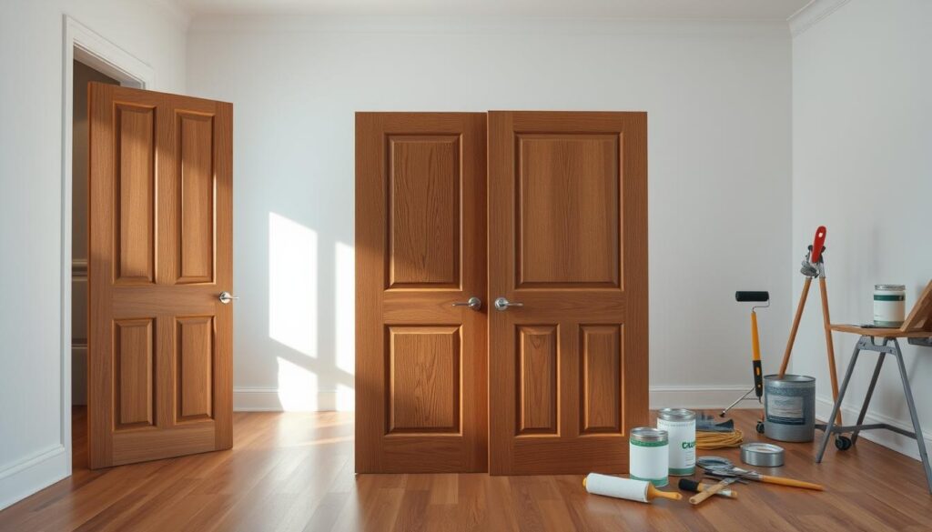 A meticulously detailed interior scene showcasing the process of painting doors with veneer and laminate finishes. In the foreground, a pair of wooden doors stand ready, their surfaces adorned with a warm, oak-like veneer texture. Soft, directional lighting from the left illuminates the doors, casting gentle shadows and highlighting the subtle grain patterns. In the middle ground, a variety of painting tools and materials are neatly arranged, including brushes, rollers, and specialty paints designed for veneered and laminated surfaces. The background features a clean, minimalist workspace, with clean white walls and a hardwood floor that reflects the warm tones of the doors. The overall mood is one of precision, attention to detail, and a focus on the specific techniques required for this unique type of door finishing. A meticulously detailed interior scene showcasing the process of painting doors with veneer and laminate finishes. In the foreground, a pair of wooden doors stand ready, their surfaces adorned with a warm, oak-like veneer texture. Soft, directional lighting from the left illuminates the doors, casting gentle shadows and highlighting the subtle grain patterns. In the middle ground, a variety of painting tools and materials are neatly arranged, including brushes, rollers, and specialty paints designed for veneered and laminated surfaces. The background features a clean, minimalist workspace, with clean white walls and a hardwood floor that reflects the warm tones of the doors. The overall mood is one of precision, attention to detail, and a focus on the specific techniques required for this unique type of door finishing.