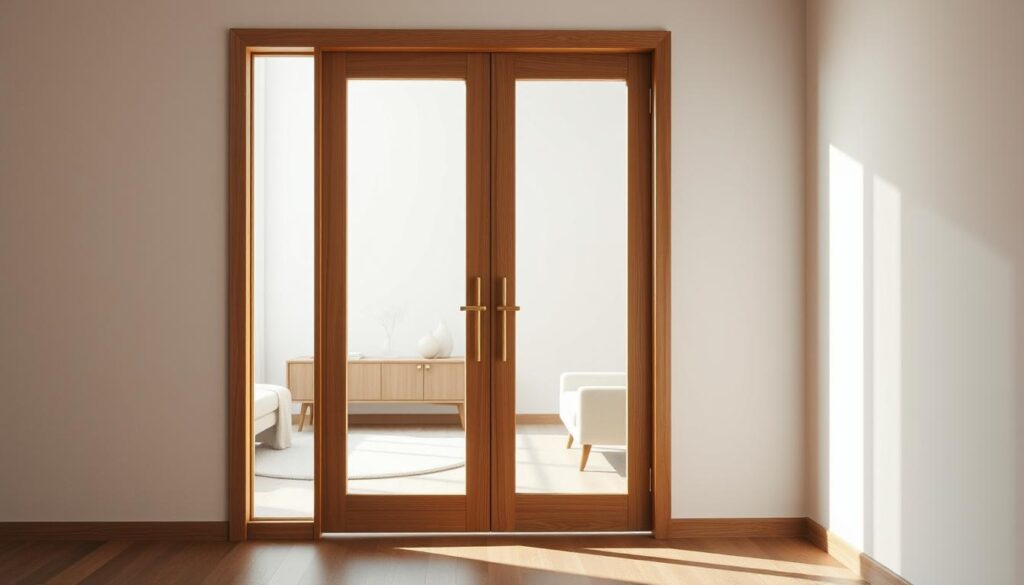 A minimalist interior door made of high-quality wood, its grain visible in the natural light streaming through large, simple panes of glass. The door frame is slim and unadorned, blending seamlessly into the surrounding walls. The door opens onto a serene, minimally furnished room, creating a sense of elegant simplicity and calm. The lighting is soft and diffused, casting gentle shadows that accentuate the clean lines and subtle textures of the door and its environment. The overall atmosphere is one of refined sophistication and understated beauty, perfectly suited for a modern, minimalist interior.