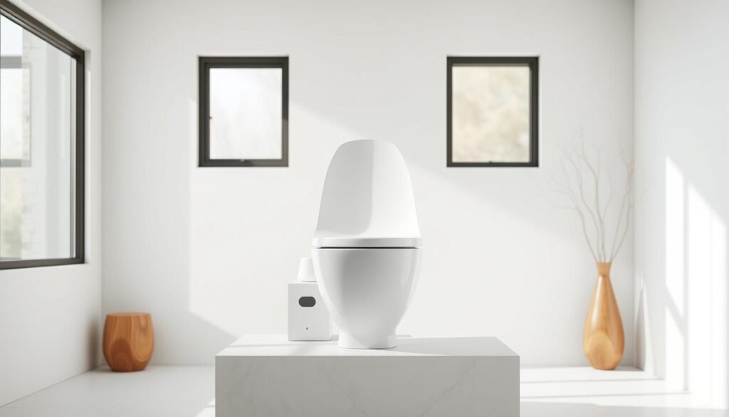 A modern and minimalist urine-separating toilet set against a bright, airy bathroom interior. The toilet features a sleek, white ceramic basin with a built-in urine collection compartment and a separate solid waste container. Soft, natural lighting filters in through large windows, creating a calm and serene atmosphere. The overall design prioritizes functionality, hygiene, and environmental sustainability, with a focus on reducing odors and waste. The toilet is positioned on a raised dais, allowing for easy access and a sense of elegance. The background showcases clean, white tiles and subtle accents of wood or natural stone, complementing the toilet's modern aesthetic.