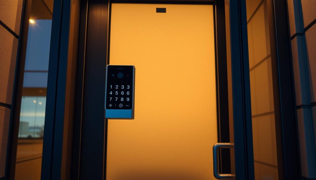 A modern apartment building entrance with a sleek, minimalist intercom panel. The panel displays a numeric keypad, allowing a resident to punch in a security code and unlock the door. The entryway is well-lit, with warm, indirect lighting casting a soft glow over the scene. The door itself is made of frosted glass, giving a hint of the interior beyond. The camera angle captures the intercom panel at eye level, emphasizing its central role in accessing the building. The overall mood is one of convenience, security, and ease of use, reflecting the section's focus on configuring entry codes for this smart home system.