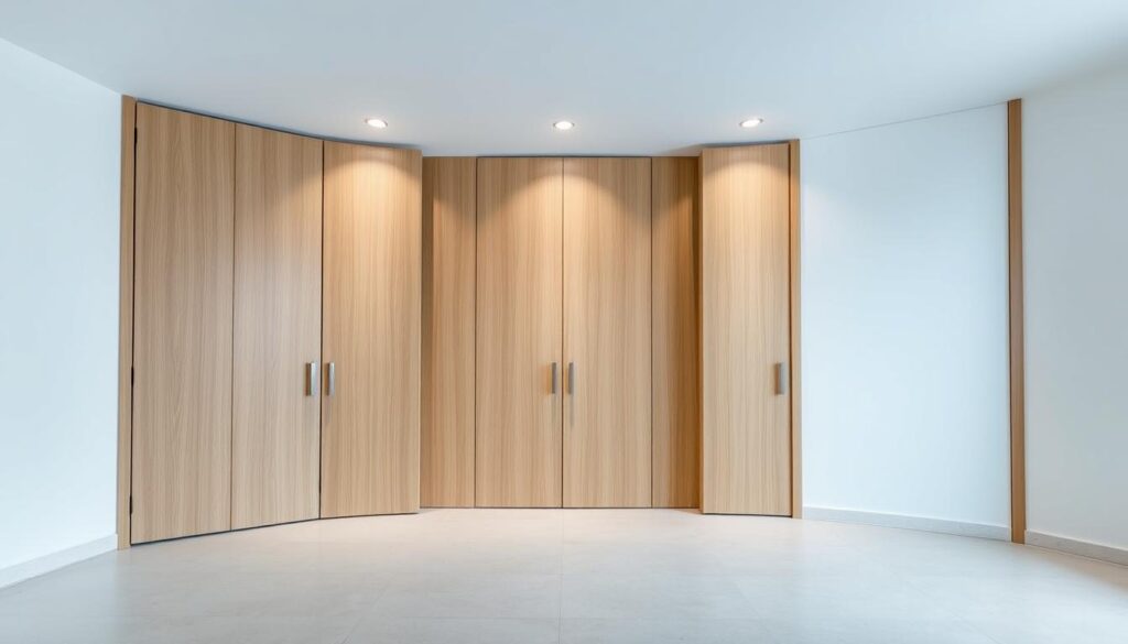 A modern, minimalist interior with sleek, flush-fitting doors in a warm, natural wood grain. The doors are seamlessly integrated into the wall, creating a clean, streamlined look. Soft, diffused lighting from overhead fixtures casts a gentle glow, highlighting the smooth, uninterrupted surfaces. The layout is open and airy, emphasizing the spaciousness and functionality of the doorless design. Subtle details like recessed handles and concealed hinges add to the sense of refined simplicity. The overall impression is one of elegant, effortless sophistication, showcasing the understated beauty and practical advantages of flush-fitting, borderless doors.