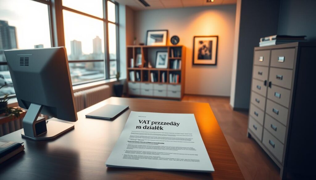 A modern office interior with a desk, desktop computer, and filing cabinets. Soft, warm lighting illuminates the space, casting a professional atmosphere. On the desk, a document titled "VAT przy sprzedaży działek" is prominently displayed, hinting at the subject matter. The middle ground features bookshelves and framed art, while the background showcases large windows overlooking a cityscape. The overall composition conveys a sense of expertise and attention to detail, reflecting the subject of tax implications for real estate transactions. A modern office interior with a desk, desktop computer, and filing cabinets. Soft, warm lighting illuminates the space, casting a professional atmosphere. On the desk, a document titled "VAT przy sprzedaży działek" is prominently displayed, hinting at the subject matter. The middle ground features bookshelves and framed art, while the background showcases large windows overlooking a cityscape. The overall composition conveys a sense of expertise and attention to detail, reflecting the subject of tax implications for real estate transactions.