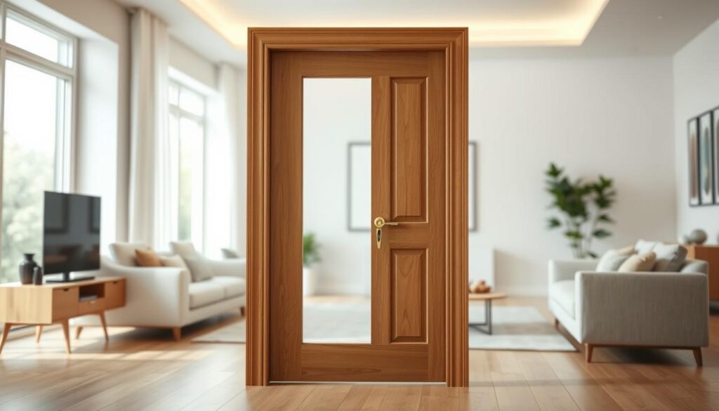 A modern, well-lit interior of a home, showcasing a wooden door with a carefully crafted ventilation cutout. The door is positioned in the middle ground, allowing the viewer to appreciate the intricate design and its impact on the airflow. The foreground features a clean, minimalist living space with neutral-toned furnishings, creating a serene and inviting atmosphere. The background subtly hints at the importance of proper air circulation, with a softly blurred view of an open window or HVAC vent, emphasizing the door's role in facilitating a comfortable and healthy indoor environment. The overall composition conveys a sense of balance, functionality, and attention to detail in residential design.