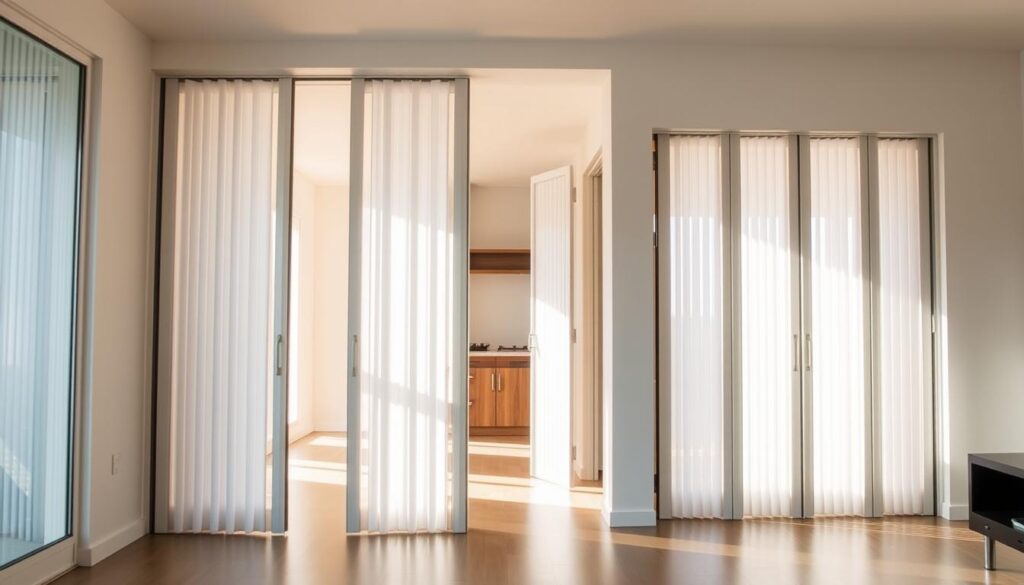 A modern, well-lit interior showcasing the versatility of accordion-style doors. In the foreground, the doors stand open, revealing a seamless transition between spaces. Delicate natural light filters through the translucent panels, casting a warm glow and highlighting the streamlined, minimalist design. In the middle ground, the doors are partially closed, demonstrating their space-saving capabilities as they neatly fold against the wall. The background features a clean, neutral palette, allowing the focal point of the doors to shine. Subtle textures and materials, such as wood or metal, add depth and visual interest. The overall atmosphere conveys a sense of openness, functionality, and contemporary style - characteristics that make accordion doors an attractive choice for modern homes and apartments.