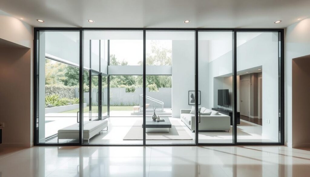 A modern, well-lit interior space with a prominent feature wall made entirely of large, floor-to-ceiling glass panels that serve as a stunning alternative to traditional doors. The glass panels let in an abundance of natural light, creating a bright, airy atmosphere. The space is minimalist in design, with clean lines and a neutral color palette. Sleek, contemporary furniture and decor complement the minimalist aesthetic. The glass panels offer an unobstructed view to the adjacent room or outdoor area, blurring the boundaries between indoor and outdoor spaces and fostering a sense of openness and connectivity. The lighting is a combination of natural daylight and subtle, recessed lighting that enhances the modern, sophisticated ambiance.