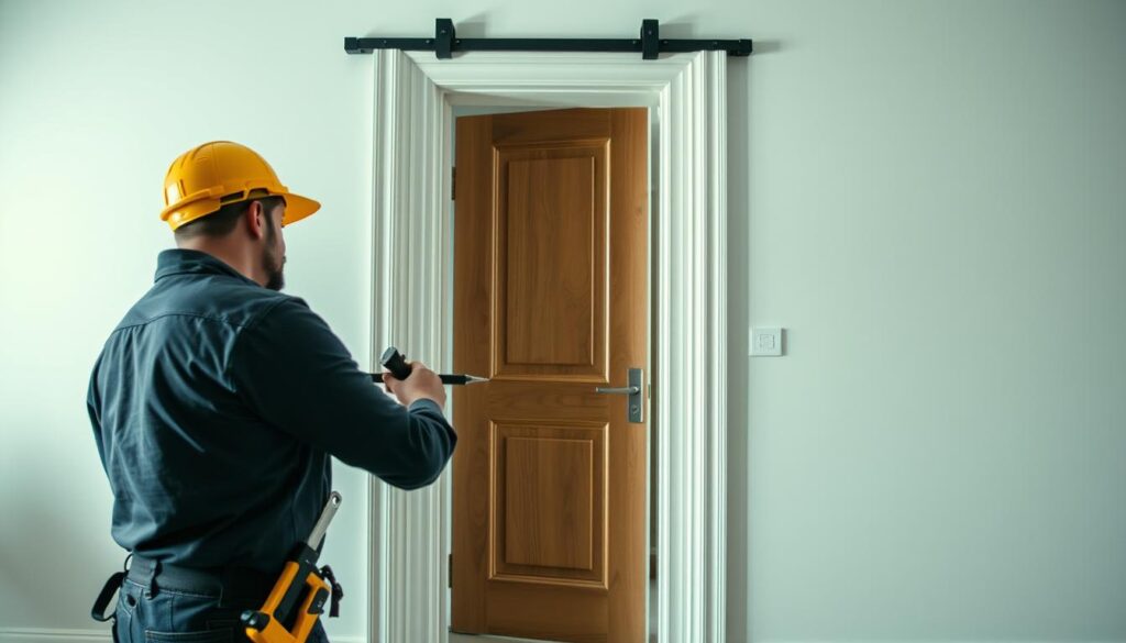 A modern, well-lit interior with a focal point on the installation process of a set of doors. The foreground features a professional contractor with tools, meticulously measuring and fitting the door frame. The middle ground showcases the door itself, showcasing its design and materials. The background subtly hints at the surrounding space, providing context without distracting from the central installation. The lighting is balanced, casting soft shadows that accentuate the textures and details. The overall composition conveys a sense of precision, expertise, and the importance of careful door installation in creating a harmonious living space.