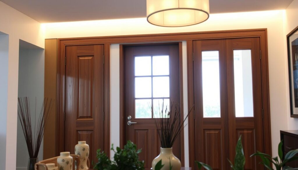 A modern, well-lit interior with a focus on a set of refurbished wooden doors. The doors feature a sleek, minimalist design, with a large glass panel that allows natural light to filter through. The doors are set against a neutral-toned wall, with a modern, chic light fixture hanging overhead, casting a warm glow on the scene. In the foreground, there are various decorative elements, such as potted plants or a decorative vase, adding a touch of organic elegance. The overall atmosphere is one of clean, contemporary style, showcasing how simple updates can transform the look and feel of a space.