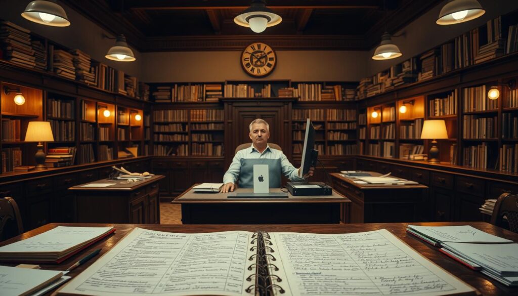 A municipal office interior, dimly lit with warm incandescent lamps. Rows of desks and cabinets line the walls, filled with folders and documents. At the center, a large wooden table holds an open ledger, its pages covered in handwritten notes and annotations. The air is thick with the scent of aged paper and the quiet hum of a computer. A middle-aged clerk sits behind the desk, meticulously cross-checking records in the cadastral registry. The atmosphere conveys a sense of bureaucratic order and institutional authority, with a subtle touch of nostalgia for a time when land management was a more tactile, manual process.