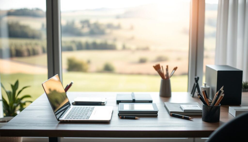 A neatly organized home office desk, with a laptop, tablet, and various stationery items arranged in an aesthetically pleasing manner. The desk is positioned in front of a large window, allowing natural light to pour in and create a bright, airy atmosphere. The background features a blurred, pastoral landscape, with rolling hills and a distant tree line, conveying a sense of tranquility and connection to nature. The overall scene is captured using a medium-wide angle lens, creating a balanced and harmonious composition. The lighting is soft and diffused, with subtle shadows and highlights accentuating the textures and details of the objects on the desk. The mood is one of productivity, focus, and a touch of serenity, inviting the viewer to imagine themselves in this space, researching and verifying the dimensions of their property.