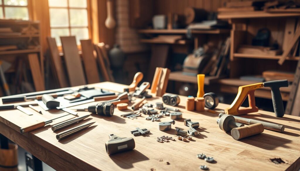 A neatly organized set of carpentry tools rests on a wooden workbench, casting soft shadows in the warm, natural lighting of a workshop. The foreground features a collection of chisels, hammers, measuring tapes, and saws, each item carefully placed to suggest their practical application in the process of door construction. In the middle ground, a selection of hinges, handles, and other hardware components are arranged, hinting at the intricate details required for a successful door installation. The background blends a backdrop of exposed wooden beams and shelves, creating a cozy, artisanal atmosphere that evokes the skilled craftsmanship necessary for a DIY door project.