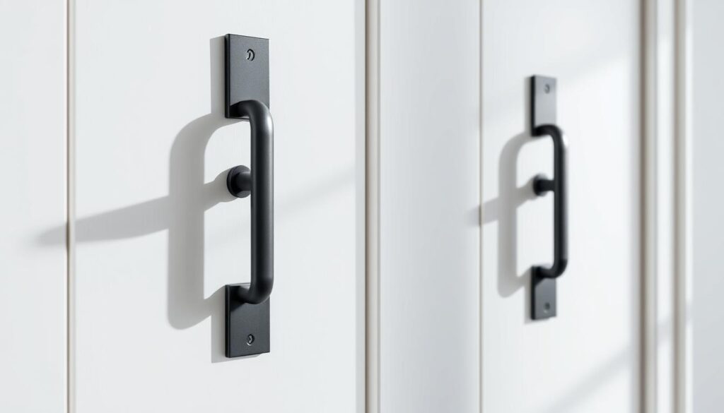 A pair of sleek, black door handles mounted on pristine, white wooden doors. The handles have a minimal, modern design with a matte finish, casting dramatic shadows on the light-colored surface. The doors are set in a minimalist, contemporary interior with clean lines and neutral tones, creating a striking contrast between the dark hardware and the bright, airy space. The lighting is soft and indirect, highlighting the textural quality of the materials. The overall composition emphasizes the elegance and timeless appeal of this classic color combination.